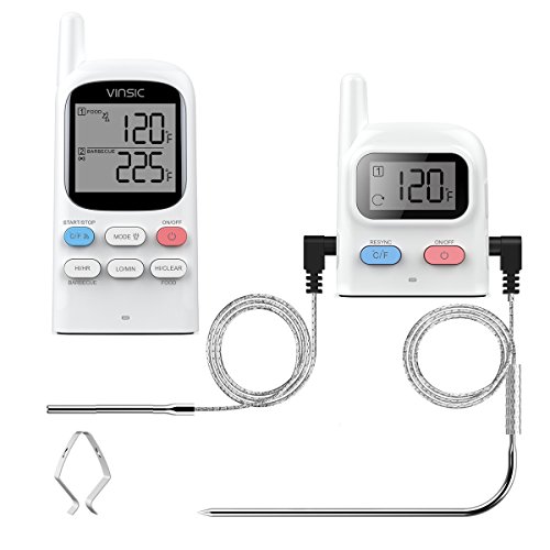 Grill thermometer,Vinsic®Fleischthermometer 2 Fühler 100m Fernbedienung Entfernung wiederaufladbarer BBQ Thermometer, Raucher, Grill, Ofen, Funkthermometer Grill-Weiß