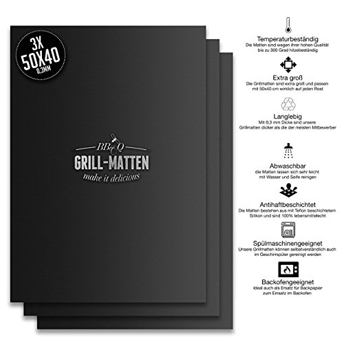 Grillmatte (3er Set) zum Grillen und Backen | aus Silikon mit Teflon Antihaftbeschichtung für bis 300°C | extra Groß und langlebig | 0.3 mm dick - 40x50 cm | ideal für Gas - Kohle - E-Grill und Backofen geeignet | LFGB und FDA Zulassung . - 3