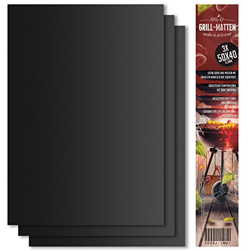 Grillmatte (3er Set) zum Grillen und Backen | aus Silikon mit Teflon Antihaftbeschichtung für bis 300°C | extra Groß und langlebig | 0.3 mm dick – 40×50 cm | ideal für Gas – Kohle – E-Grill und Backofen geeignet | LFGB und FDA Zulassung .